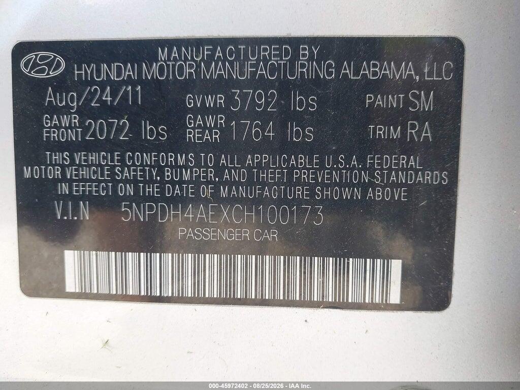 5NPDH4AEXCH100173 2012 HYUNDAI ELANTRA photo no. 9