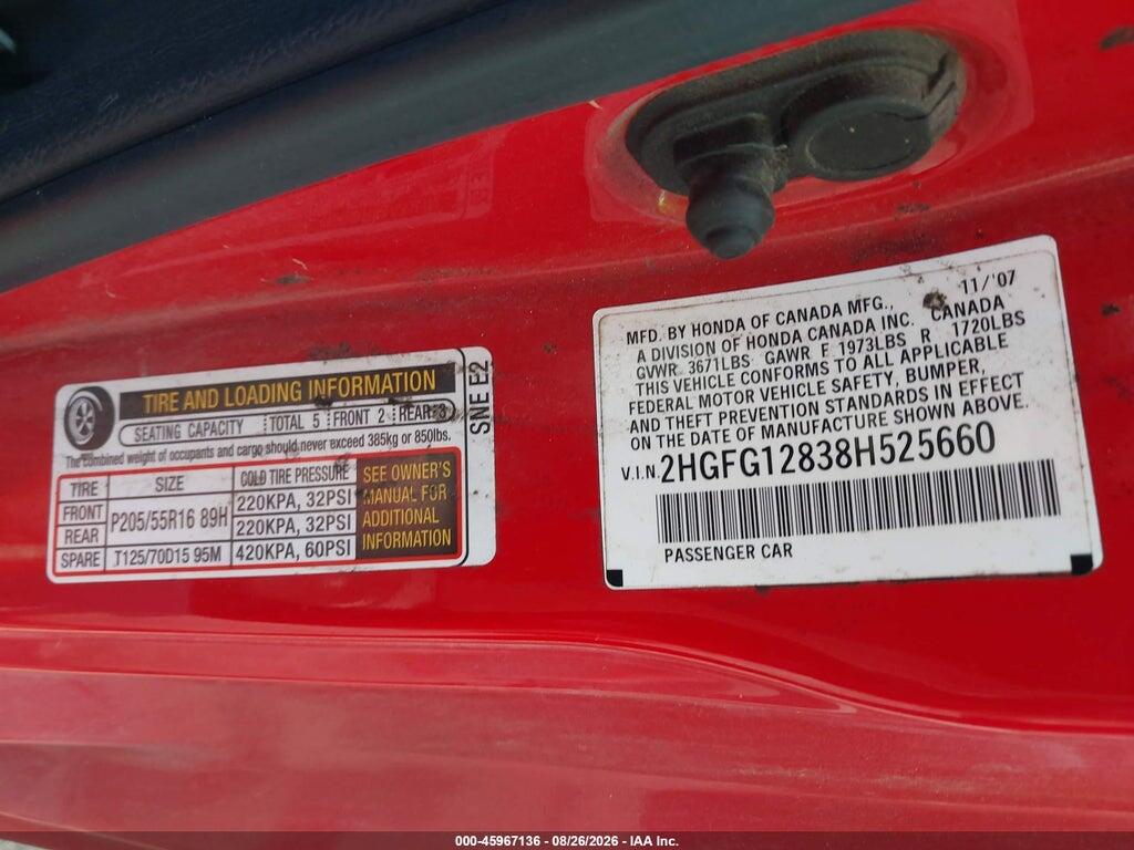 2HGFG12838H525660 2008 HONDA CIVIC photo no. 9