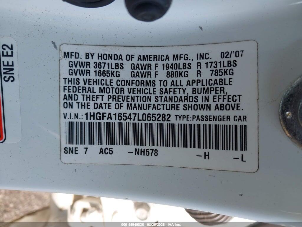 1HGFA16547L065282 2007 HONDA CIVIC photo no. 9