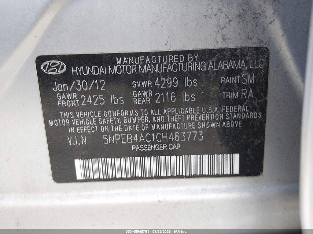 5NPEB4AC1CH463773 2012 HYUNDAI SONATA photo no. 9