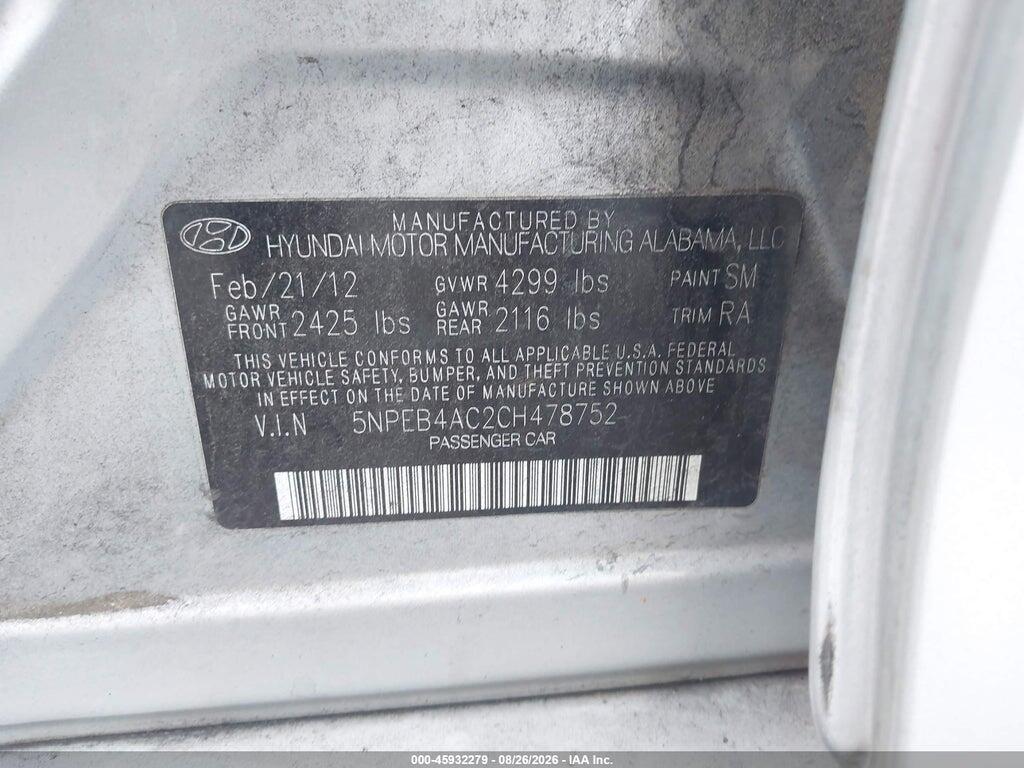 5NPEB4AC2CH478752 2012 HYUNDAI SONATA photo no. 9