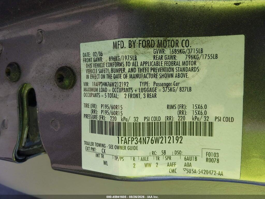 1FAFP34N76W212192 2006 FORD FOCUS photo no. 9