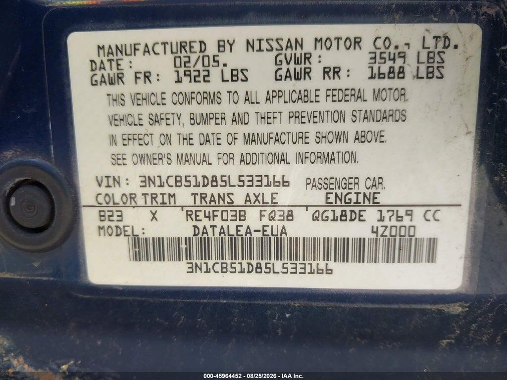 3N1CB51D85L533166 2005 NISSAN SENTRA photo no. 9