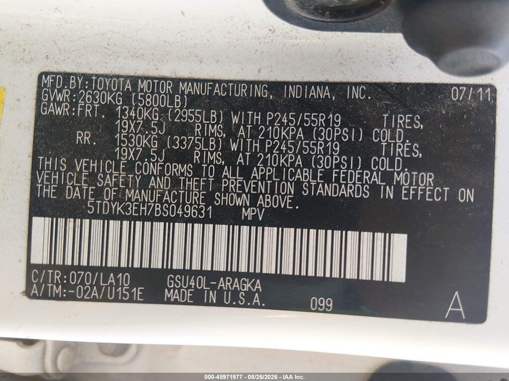5TDYK3EH7BS049631 2011 TOYOTA HIGHLANDER photo no. 9