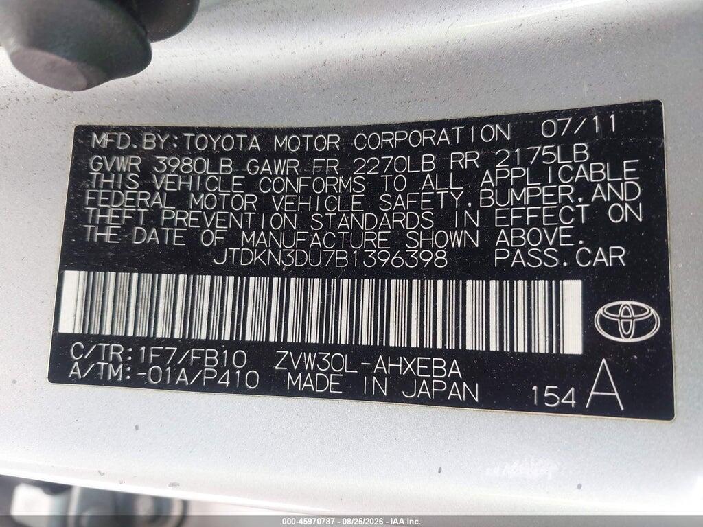 JTDKN3DU7B1396398 2011 TOYOTA PRIUS photo no. 9