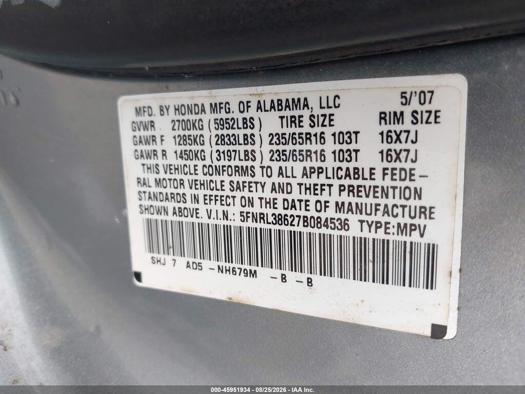 5FNRL38627B084536 2007 HONDA ODYSSEY photo no. 9