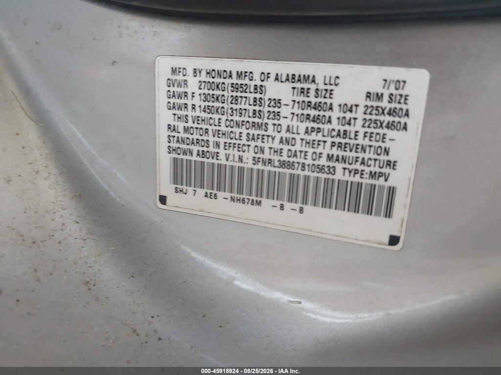 5FNRL38867B105633 2007 HONDA ODYSSEY photo no. 9
