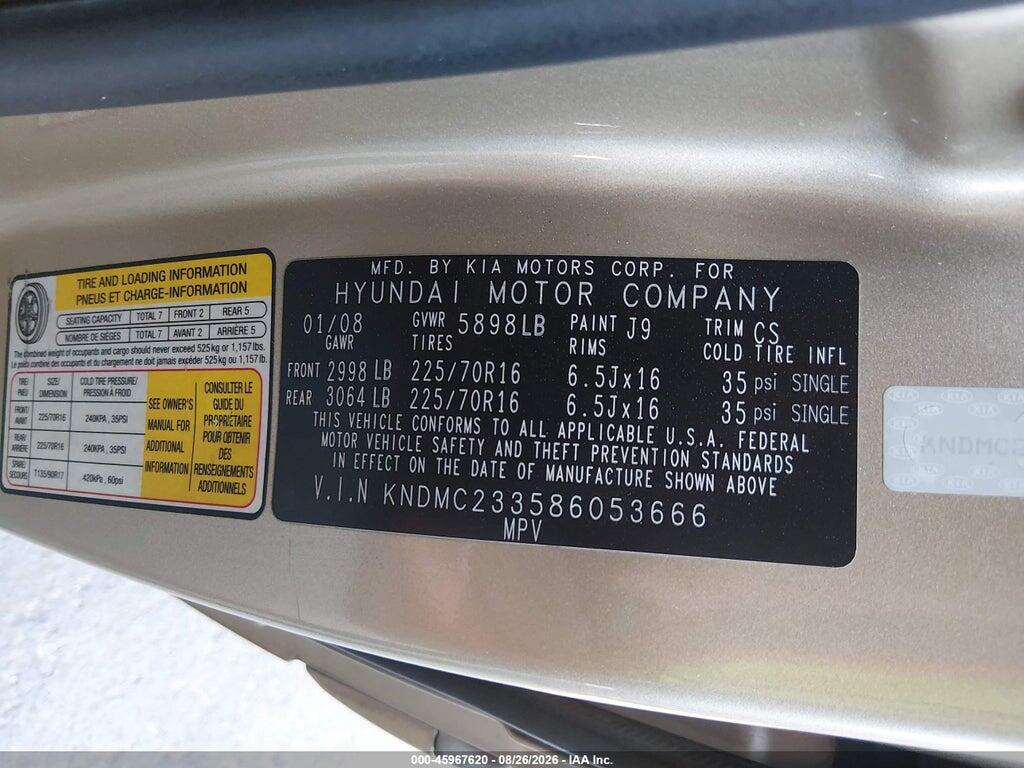KNDMC233586053666 2008 HYUNDAI ENTOURAGE photo no. 9