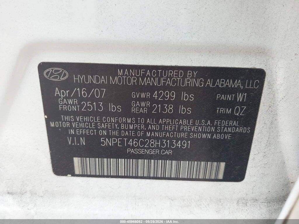 5NPET46C28H313491 2008 HYUNDAI SONATA photo no. 9