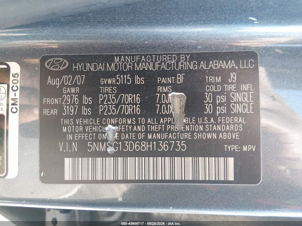 5NMSG13D68H136735 2008 HYUNDAI SANTA FE photo no. 9
