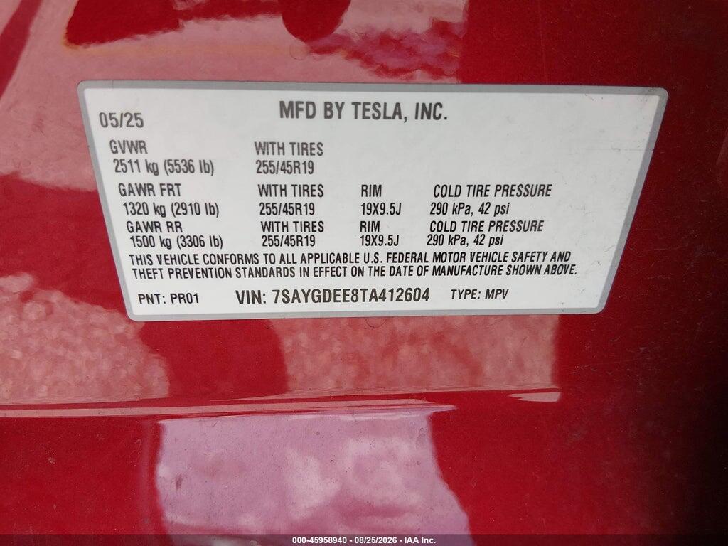7SAYGDEE8TA412604 2026 TESLA MODEL Y photo no. 9