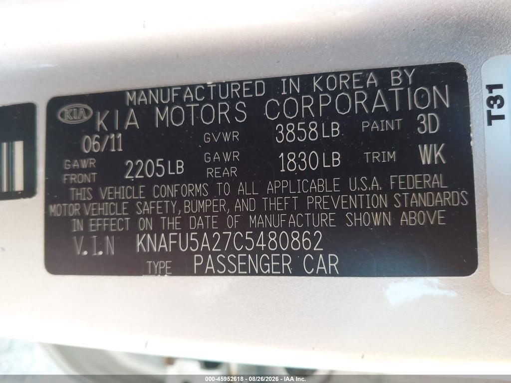 KNAFU5A27C5480862 2012 KIA FORTE photo no. 9
