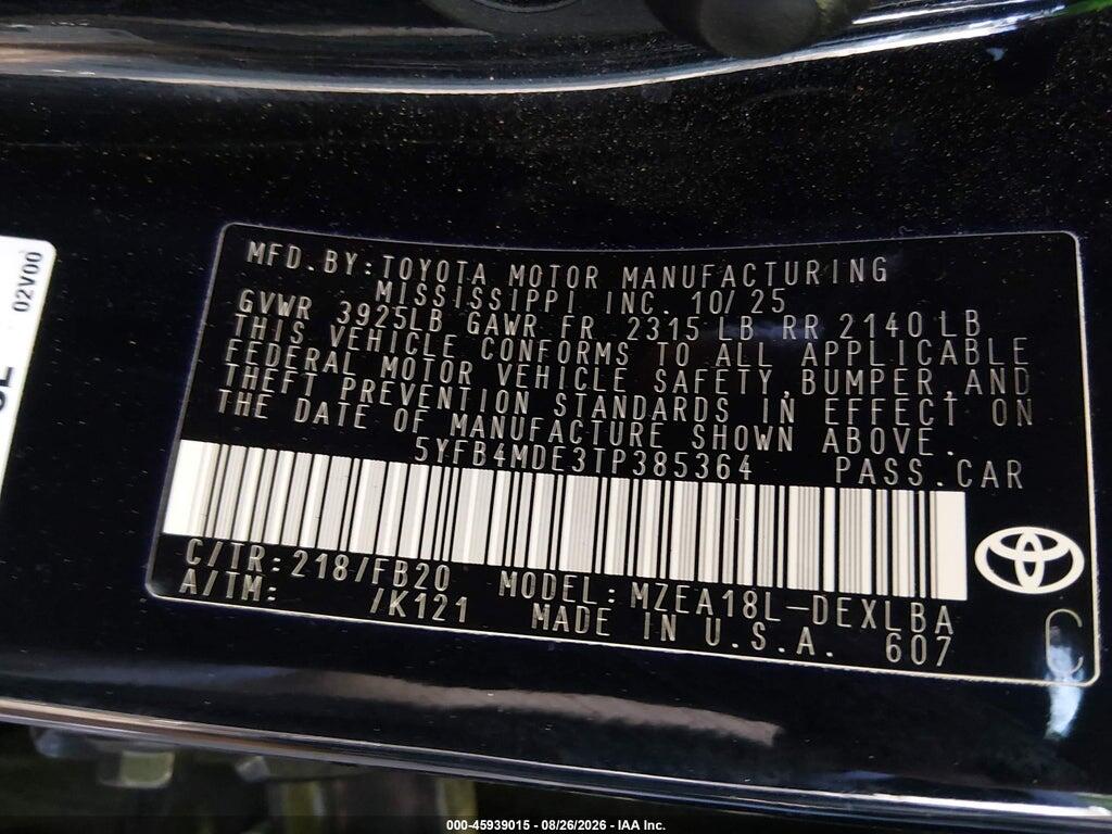 5YFB4MDE3TP385364 2026 TOYOTA COROLLA photo no. 9