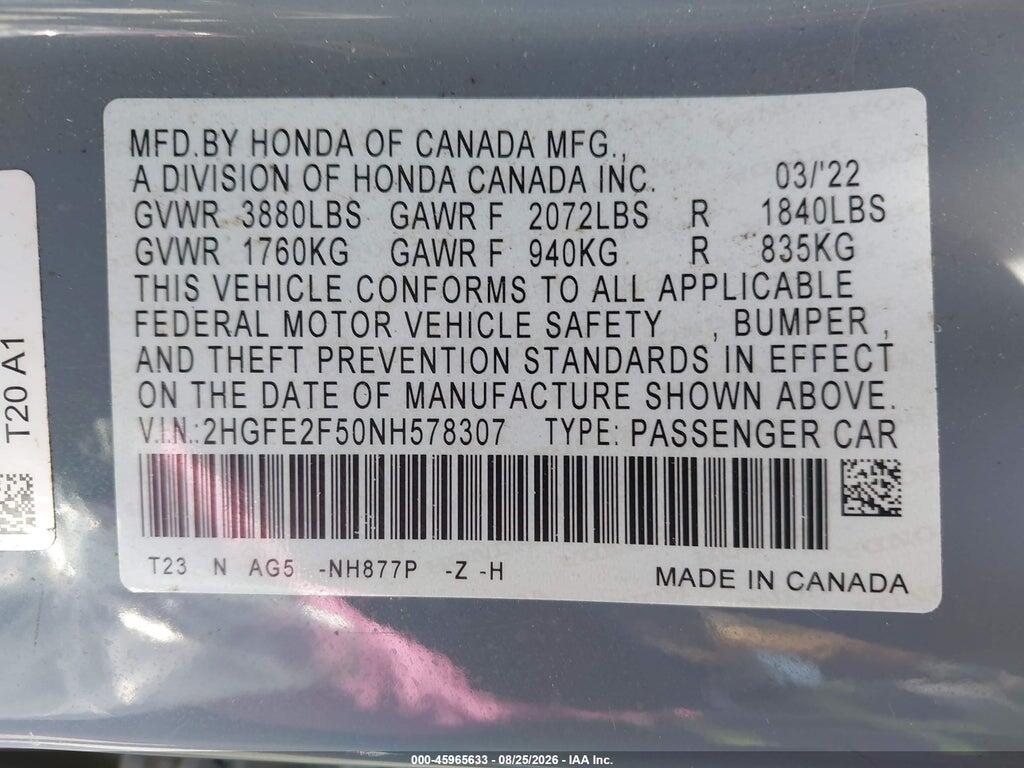 2HGFE2F50NH578307 2022 HONDA CIVIC photo no. 9