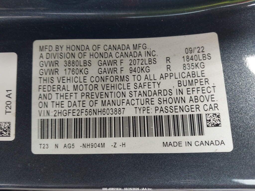 2HGFE2F56NH603887 2022 HONDA CIVIC photo no. 9