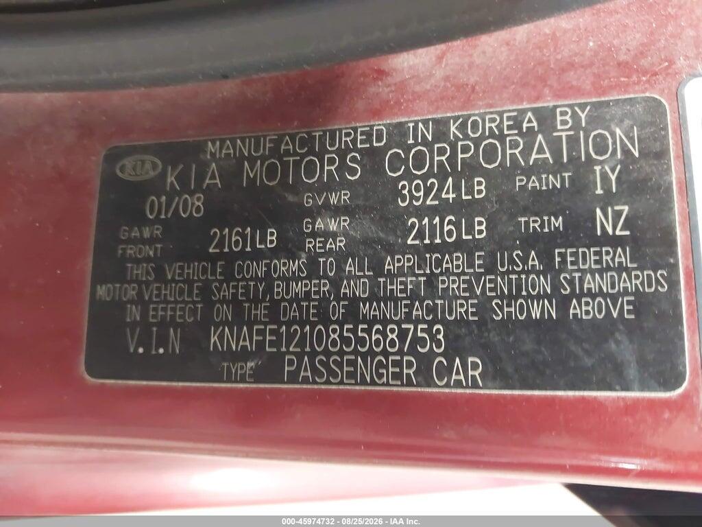 KNAFE121085568753 2008 KIA SPECTRA photo no. 9