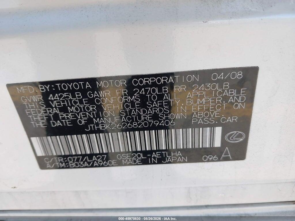 JTHBK262682079406 2008 LEXUS IS 250 photo no. 9