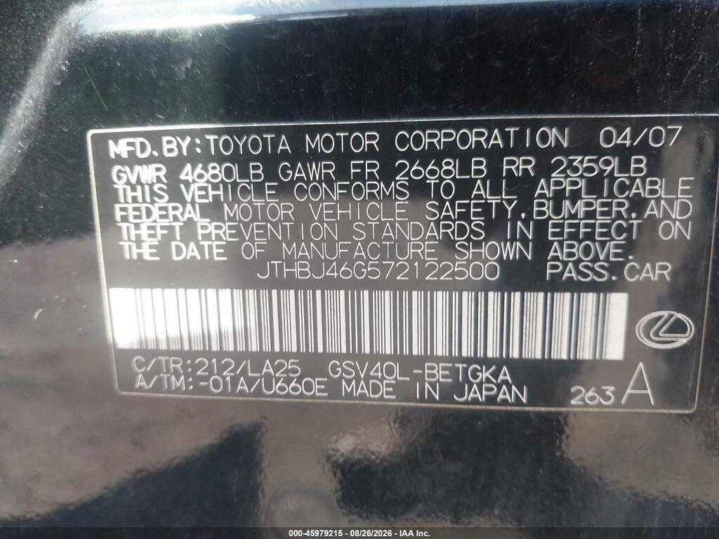 JTHBJ46G572122500 2007 LEXUS ES 350 photo no. 9