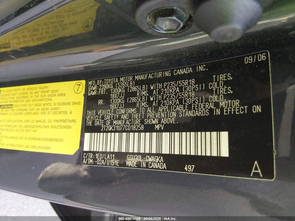2T2GK31U77C018258 2007 LEXUS RX 350 photo no. 9