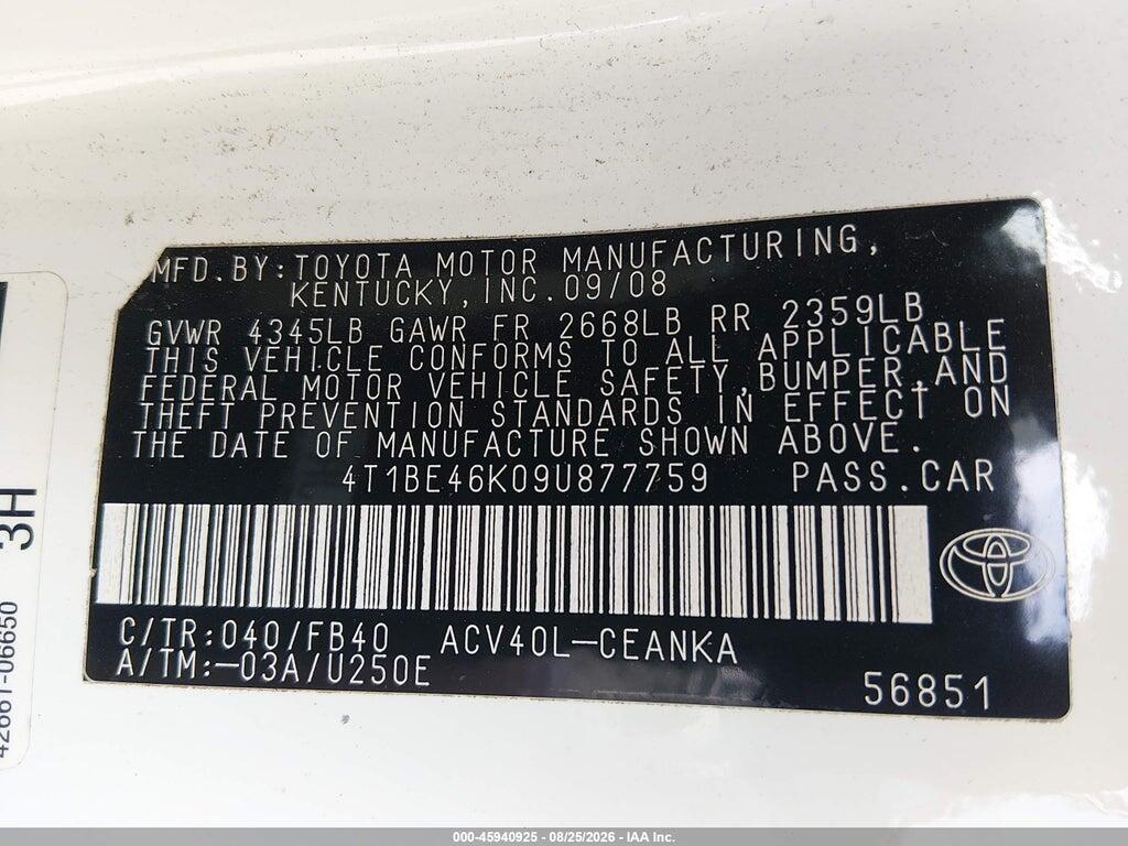 4T1BE46K09U877759 2009 TOYOTA CAMRY photo no. 9