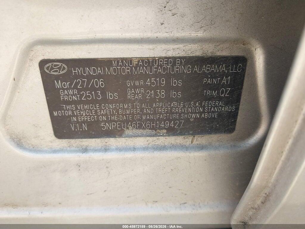 5NPEU46FX6H149427 2006 HYUNDAI SONATA photo no. 9