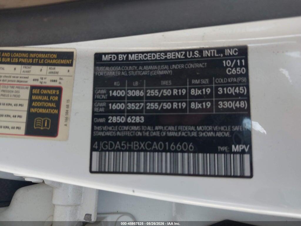 4JGDA5HBXCA016606 2012 MERCEDES-BENZ ML 350 photo no. 9