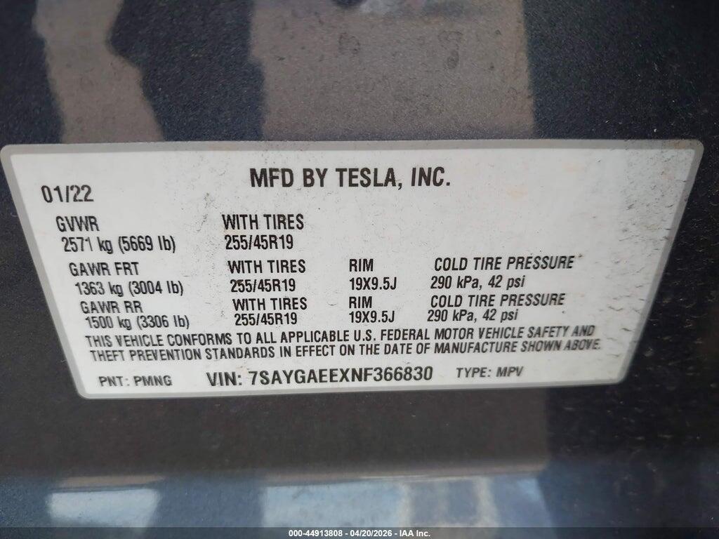 7SAYGAEEXNF366830 2022 TESLA MODEL Y photo no. 9