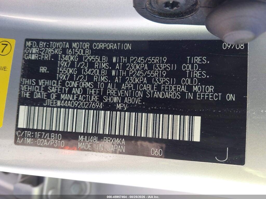 JTEEW44A092027694 2009 TOYOTA HIGHLANDER HYBRID photo no. 9