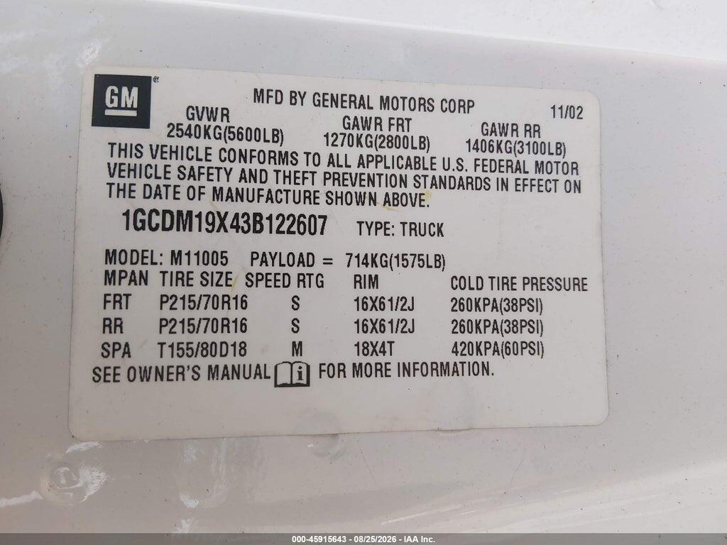 1GCDM19X43B122607 2003 CHEVROLET ASTRO photo no. 9