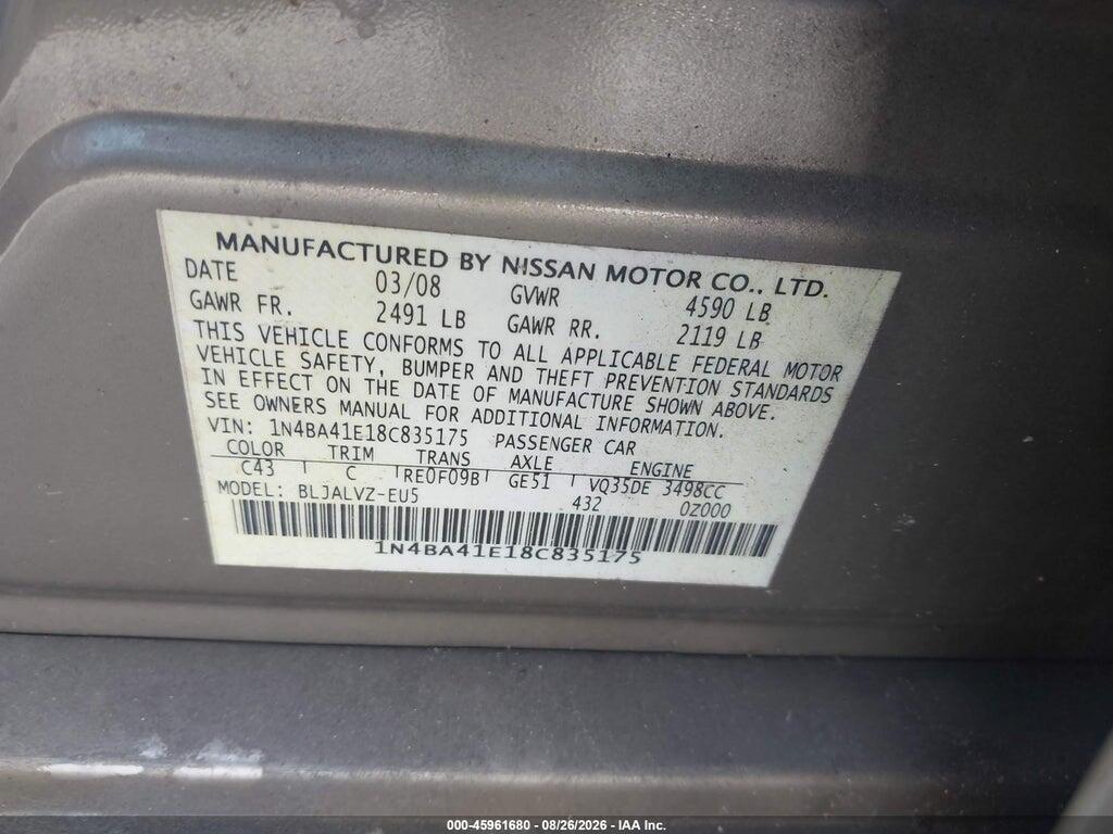 1N4BA41E18C835175 2008 NISSAN MAXIMA photo no. 9