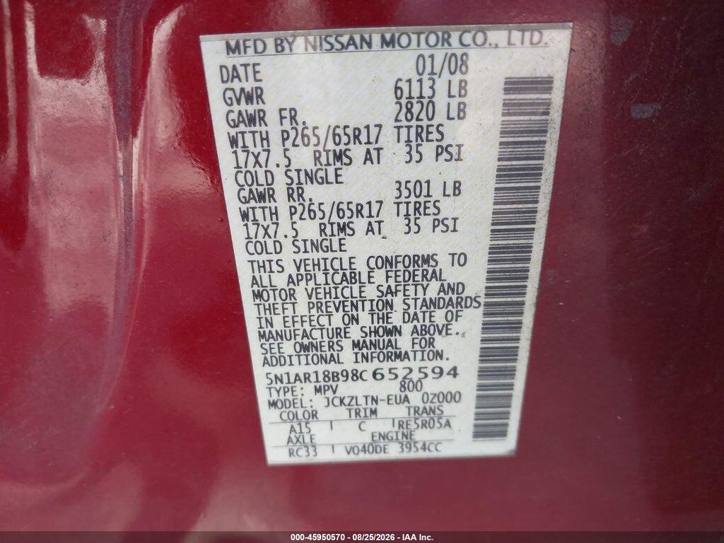 5N1AR18B98C652594 2008 NISSAN PATHFINDER photo no. 9