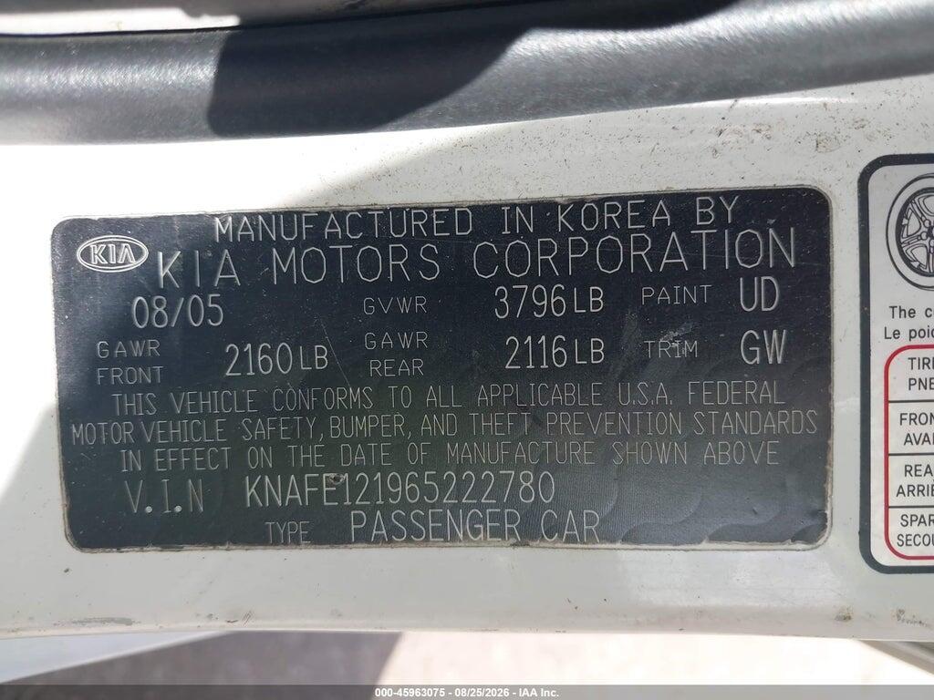 KNAFE121965222780 2006 KIA SPECTRA photo no. 9