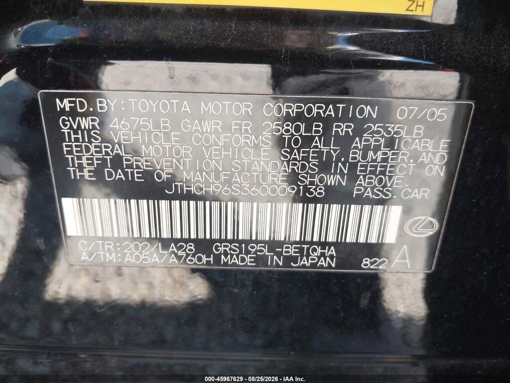 JTHCH96S360009138 2006 LEXUS GS 300 photo no. 9