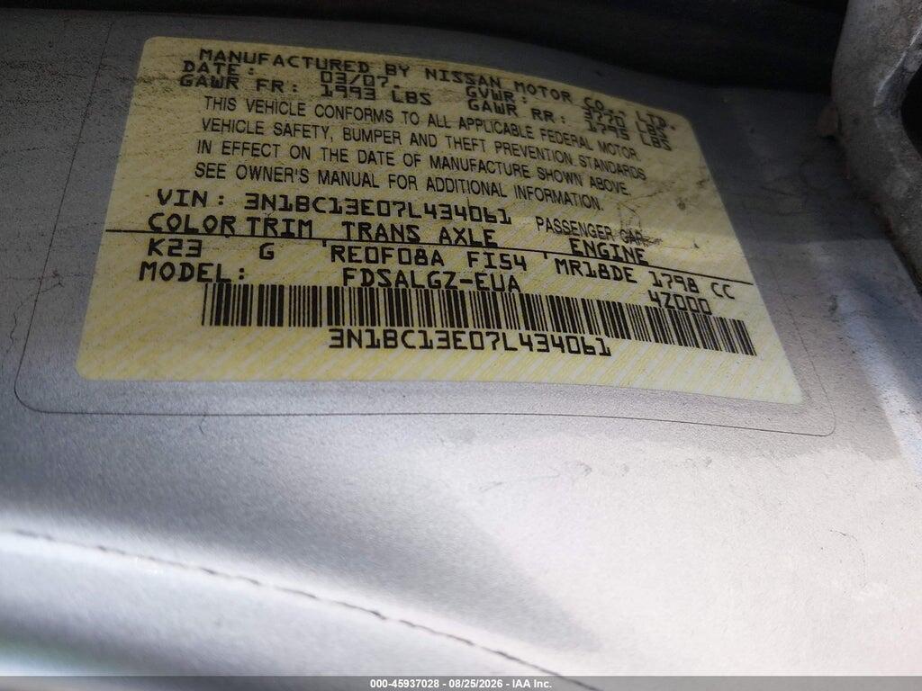 3N1BC13E07L434061 2007 NISSAN VERSA photo no. 9