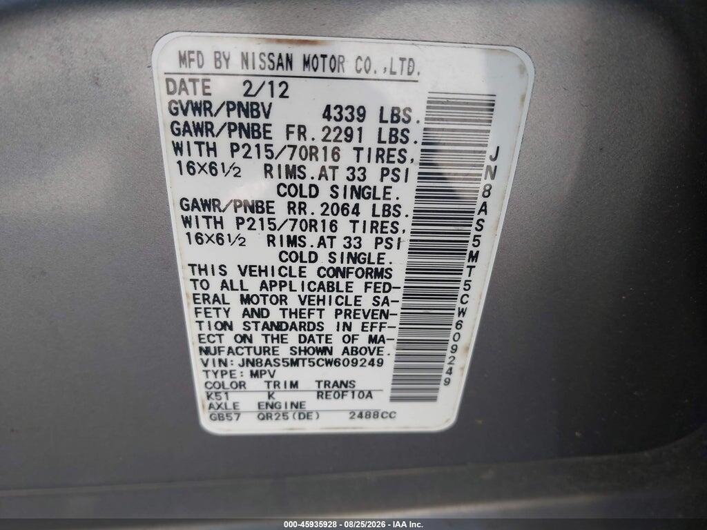 JN8AS5MT5CW609249 2012 NISSAN ROGUE photo no. 9