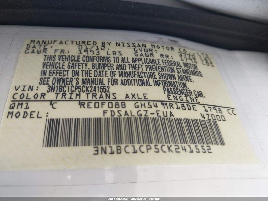 3N1BC1CP5CK241552 2012 NISSAN VERSA photo no. 9