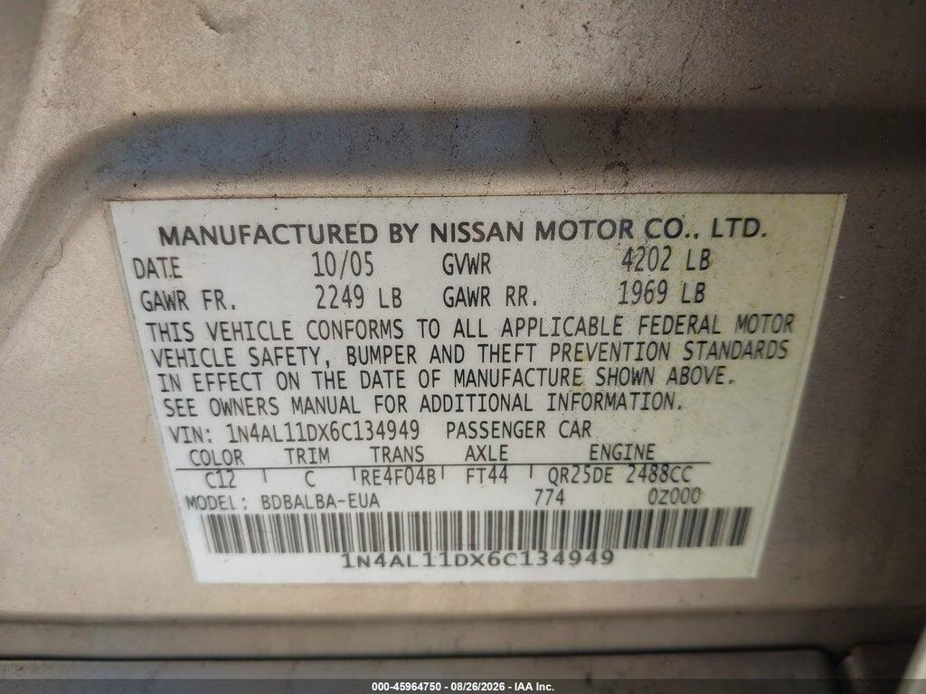 1N4AL11DX6C134949 2006 NISSAN ALTIMA photo no. 9