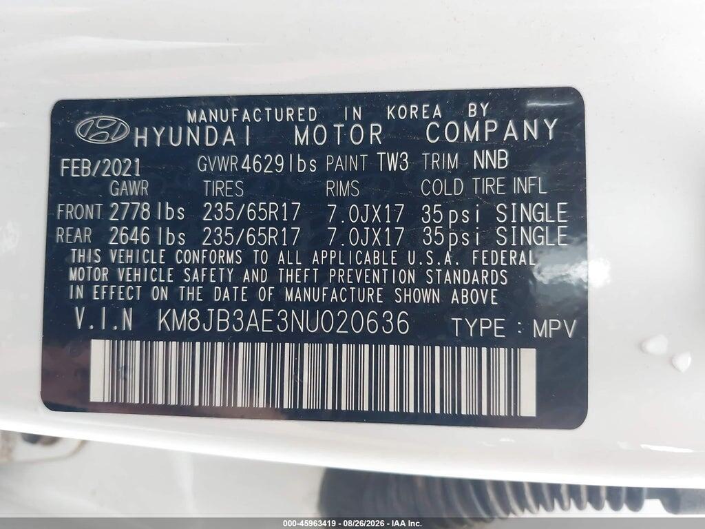 KM8JB3AE3NU020636 2022 HYUNDAI TUCSON photo no. 9