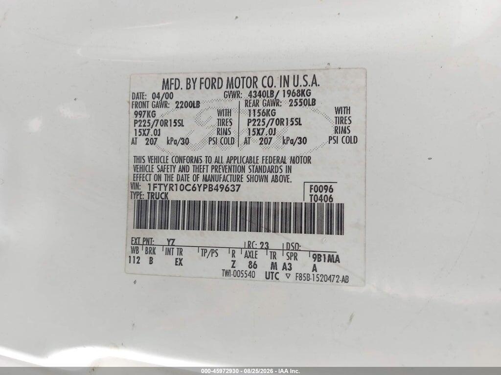 1FTYR10C6YPB49637 2000 FORD RANGER photo no. 9