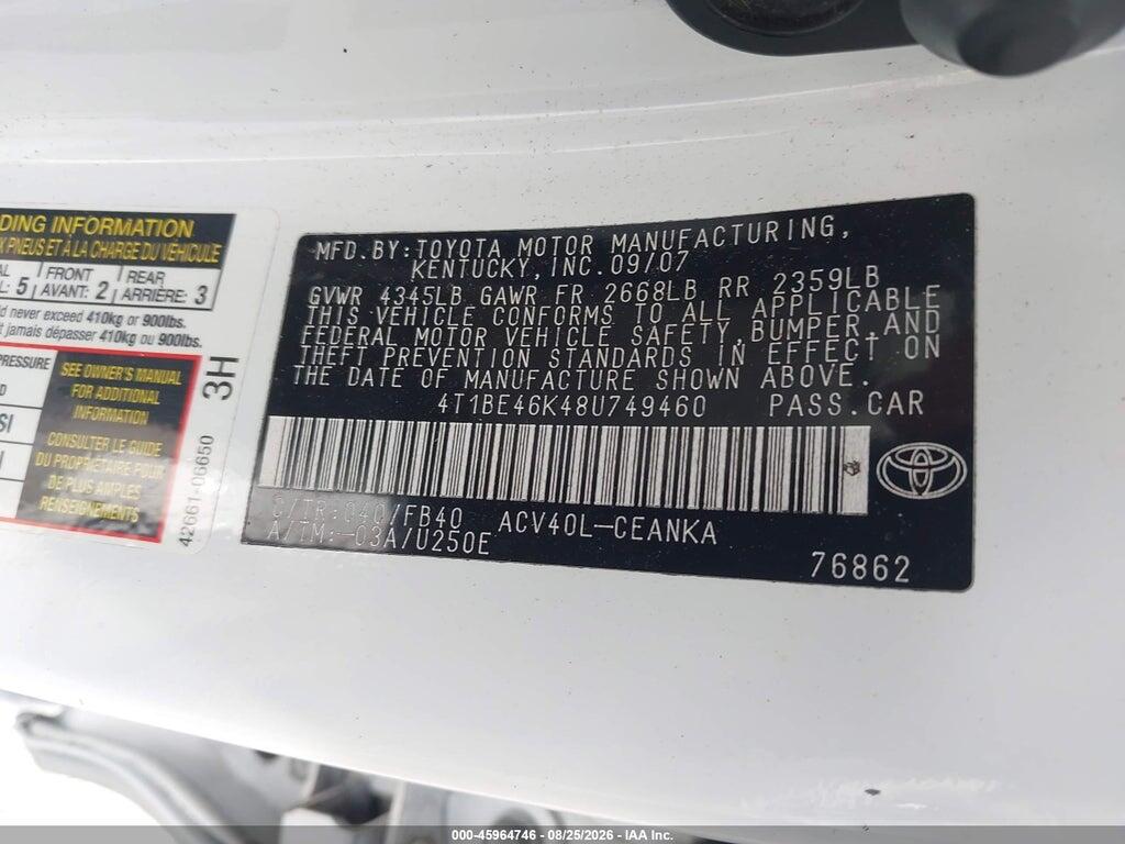 4T1BE46K48U749460 2008 TOYOTA CAMRY photo no. 9