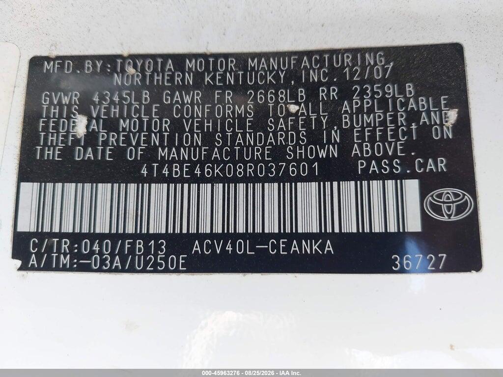 4T4BE46K08R037601 2008 TOYOTA CAMRY photo no. 9