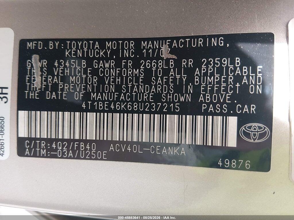 4T1BE46K68U237215 2008 TOYOTA CAMRY photo no. 9