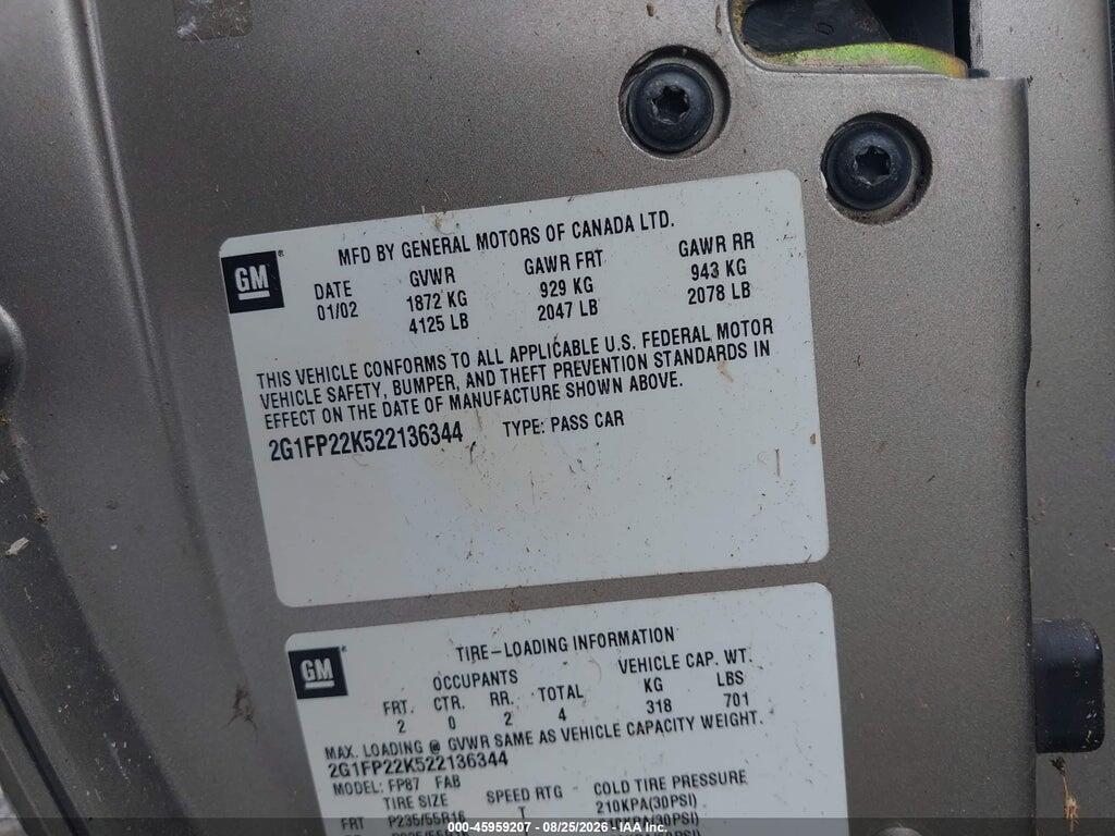 2G1FP22K522136344 2002 CHEVROLET CAMARO photo no. 9