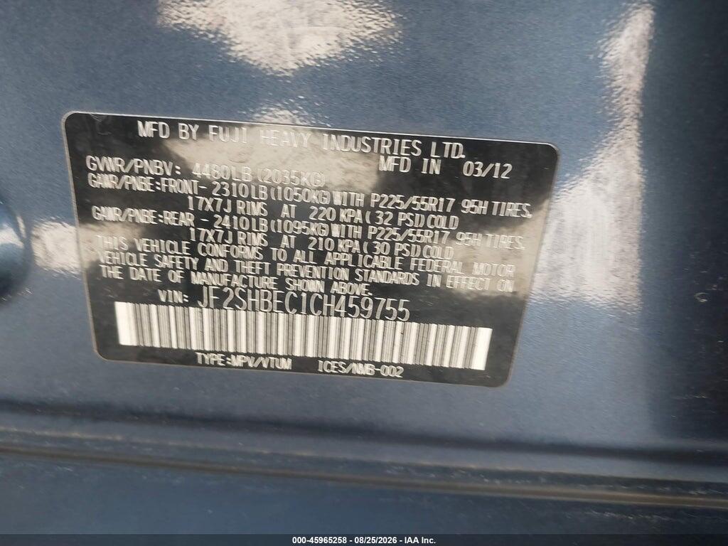 JF2SHBEC1CH459755 2012 SUBARU FORESTER photo no. 9