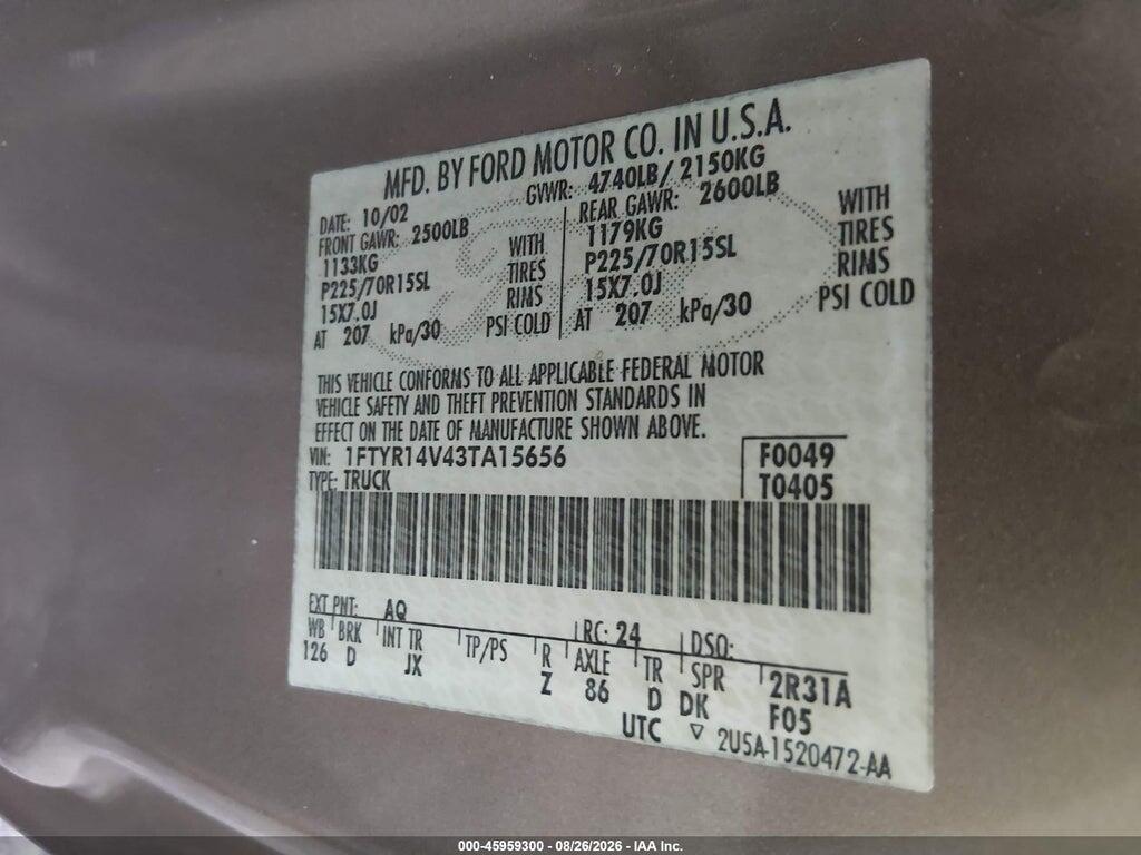 1FTYR14V43TA15656 2003 FORD RANGER photo no. 9