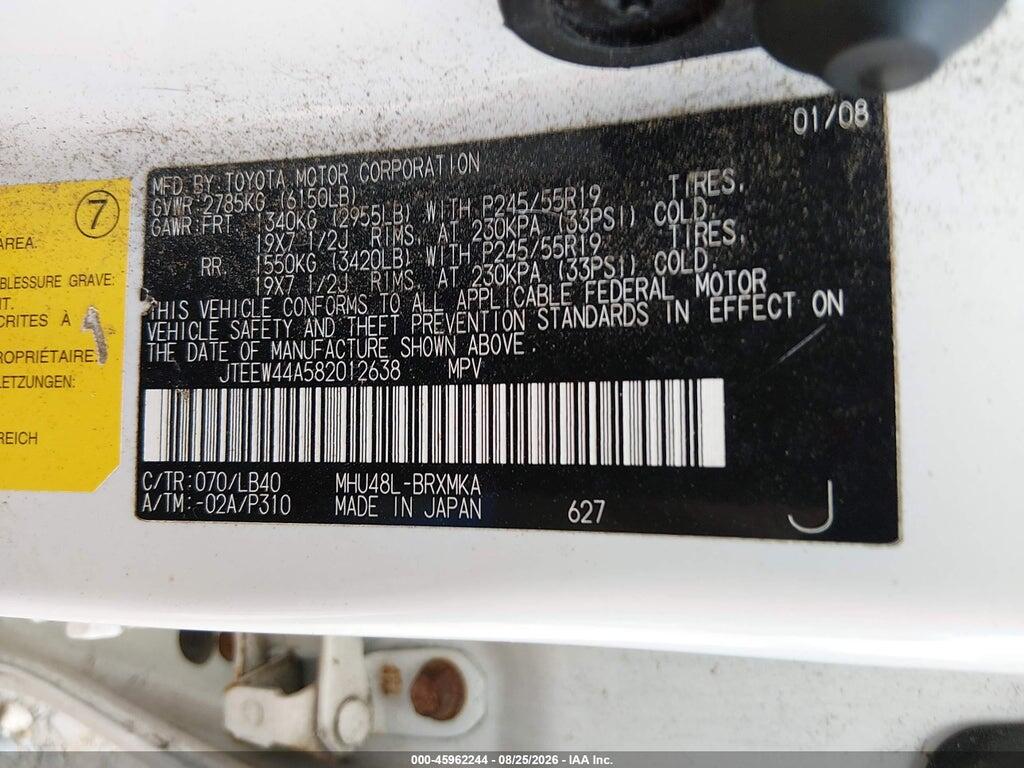 JTEEW44A582012638 2008 TOYOTA HIGHLANDER HYBRID photo no. 9