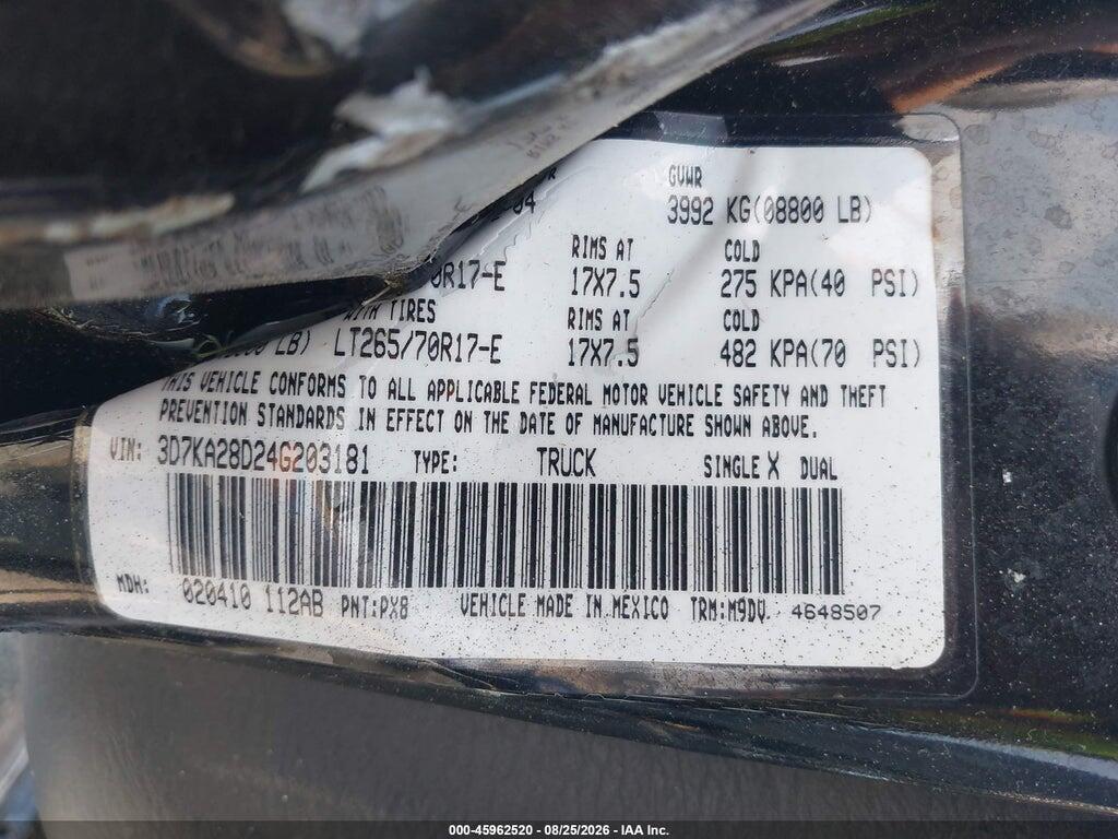 3D7KA28D24G203181 2004 DODGE RAM 2500 photo no. 9