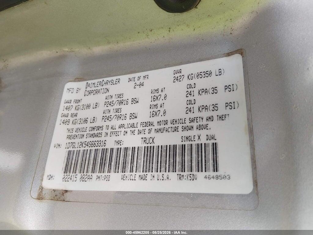1D7GL12K54S663316 2004 DODGE DAKOTA photo no. 9