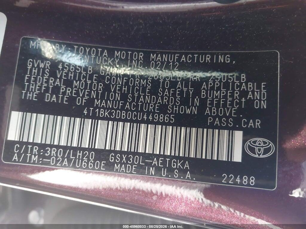 4T1BK3DB0CU449865 2012 TOYOTA AVALON photo no. 9