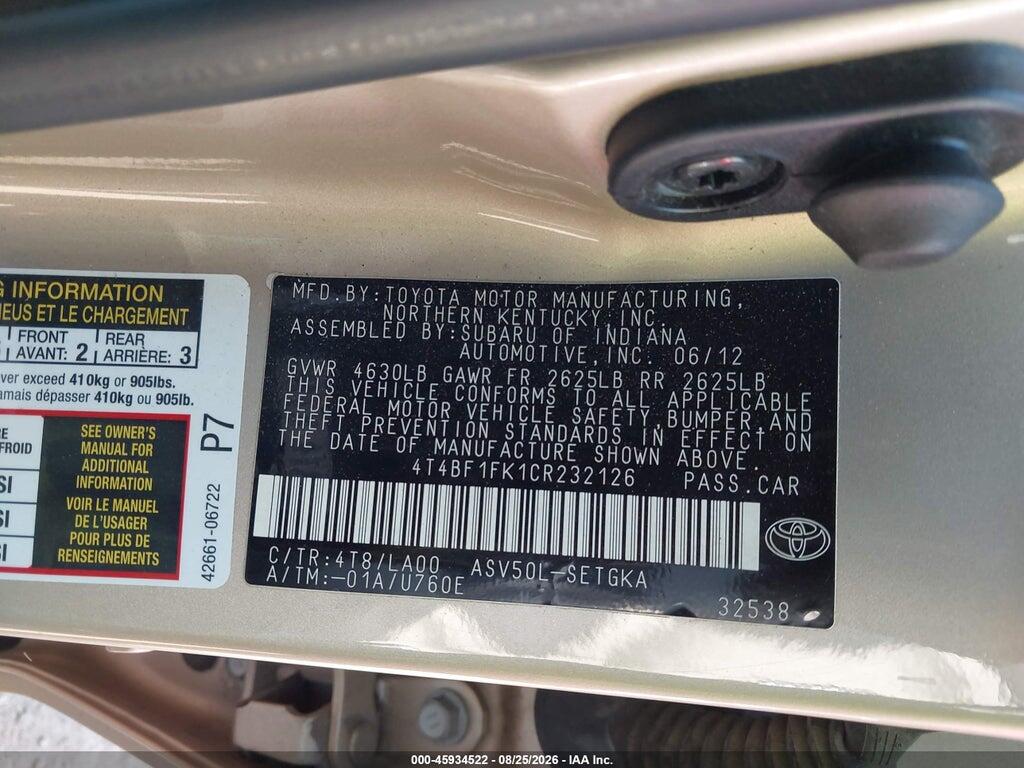 4T4BF1FK1CR232126 2012 TOYOTA CAMRY photo no. 9